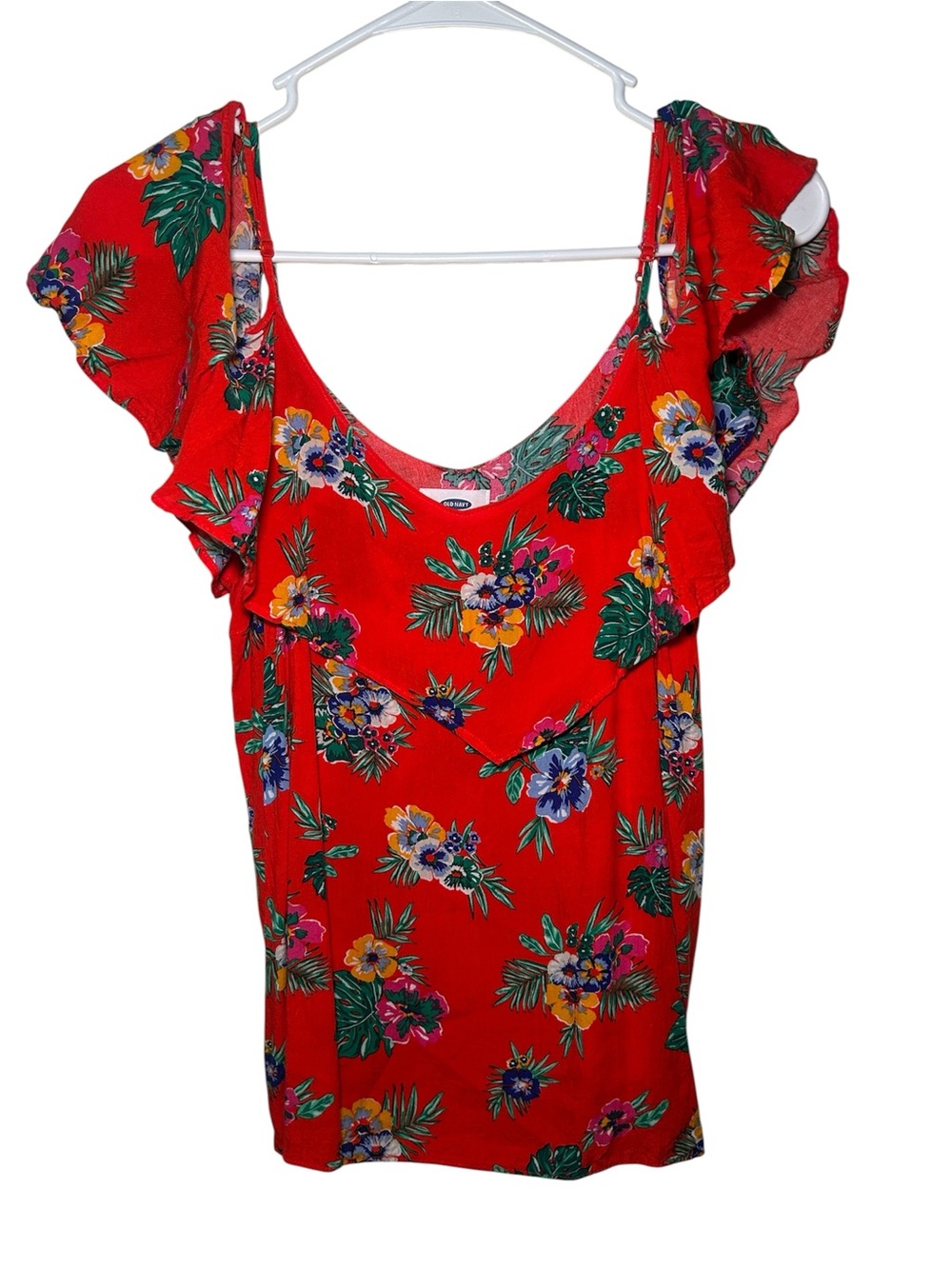 Old Navy Red Floral Ruffle Sleeve Camisole Cold Shoulder Troipcal Resort Vibrant